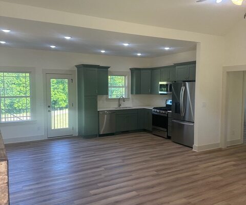 Open-concept kitchen and living area with LVP flooring and green cabinetry